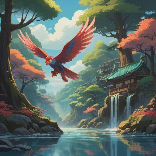 A serene illustration of a magical forest, a majestic tengu flying gracefully among fluffy clouds, a tranquil stream reflecting sunlight, cherry blossom trees in full bloom, a peaceful atmosphere with soft sunlight filtering through the leaves, vibrant colors, enchanting details, capturing the essence of spending special moments with tengu in nature, high resolution