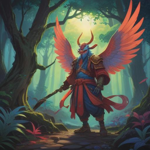 A mystical representation of a Tengu in a dreamlike forest, ethereal light filtering through the trees, symbolic elements of spirituality and wisdom, serene expression on the Tengu's face, vibrant colors blending into a tranquil atmosphere, intricate details showcasing traditional Japanese motifs, a sense of transcendence, 4k
