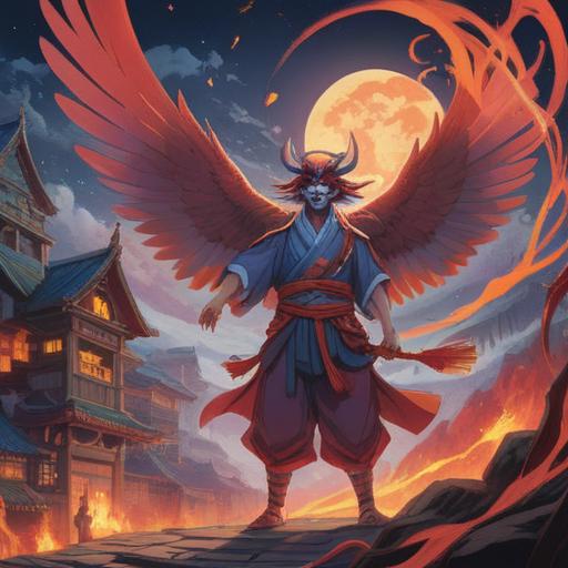 A mystical scene of a tengu appearing in a dream, ethereal atmosphere, glowing aura, serene landscape, vibrant colors, symbolic representations of good fortune, a peaceful expression on the tengu's face, dreamlike environment, nature elements softly blending into the background, 4k