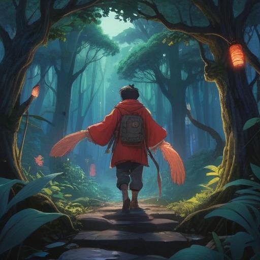 A mystical scene illustrating a person walking through a dense forest at night, surrounded by ethereal glowing lights, a majestic Tengu perched on a tree branch, the person looking upward in awe, symbols of spirituality subtly hidden in the foliage, an atmosphere of serenity and mystique, soft mist rolling across the ground, hints of ancient Japanese folklore, 4k