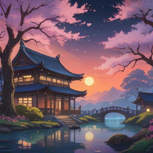 A mystical scene depicting a beautiful spiritual item glowing under the moonlight, surrounded by cherry blossom petals, a serene atmosphere, hints of traditional Japanese art, ethereal aura, dream-like quality, vibrant colors, intricate details, 4k