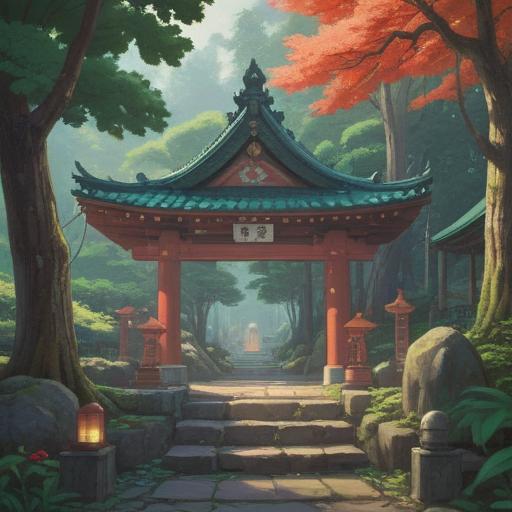 A serene illustration of Amakumika Shrine, surrounded by lush nature, symbolic elements of spirituality, ethereal light beams filtering through trees, tranquil water reflecting the shrine's beauty, sacred ambiance, calming colors, intricate details in architecture, harmonious connection with nature, peaceful atmosphere, 4k
