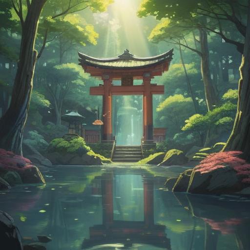 A serene and enchanting landscape featuring the Amakumiya shrine, surrounded by lush nature, ethereal light beams filtering through trees, tranquil water flowing at the shrine, symbols of spirituality and positive signs, harmonious atmosphere, inviting path leading to the shrine, soft colors, mystical essence, 4k
