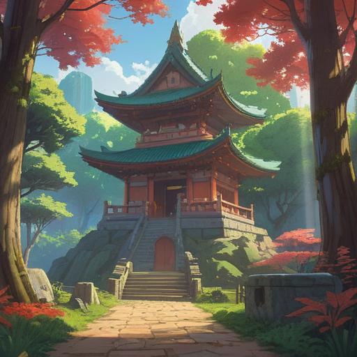A serene landscape featuring a majestic shrine surrounded by lush nature, gentle sunlight filtering through leaves, mystical symbols and signs subtly illustrated in the environment, peaceful spiritual atmosphere, visitors observing with open minds, soft focus details, calming colors, reflective water nearby, 4k