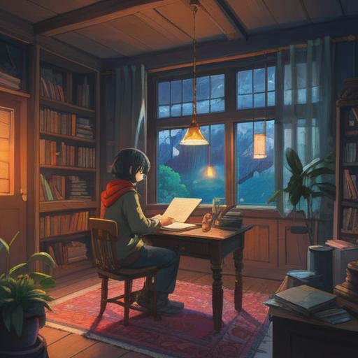 A serene and contemplative scene, a person sitting in a tranquil room, surrounded by soft light, a journal open on the table, gentle reflections of nature through a window, soothing colors, lush plants enhancing the atmosphere, hints of mindfulness and reflection, emotional fulfillment, inviting and calm environment, 4k