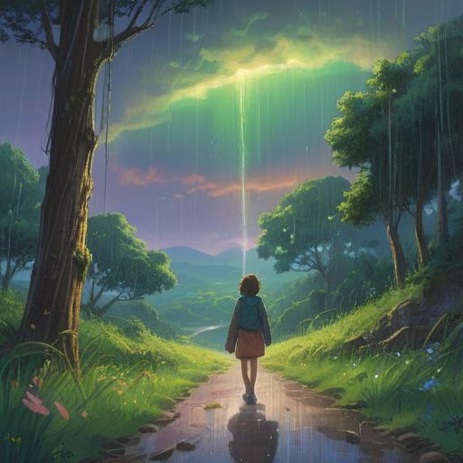 A mystical scene depicting a sunlit rain shower, vibrant rainbow arching across the sky, lush green landscape, droplets of rain shimmering in the light, ethereal atmosphere, spiritual symbols subtly integrated, serene expression on a figure meditating, harmony between rain and sunshine, 4k