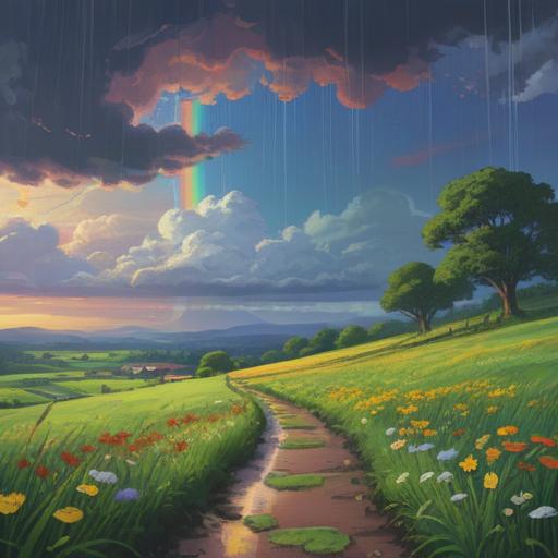 A serene landscape showcasing a gentle rain shower, vibrant rainbow arching across a cloudy sky, lush green fields glistening with raindrops, soft light illuminating the scene, a sense of tranquility and hope, spiritual symbols subtly integrated into the background, inviting atmosphere, 4k