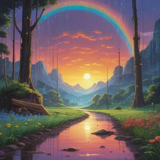 A vivid depiction of a raindrop-kissed landscape, a colorful rainbow arching across the sky, glistening droplets on lush green leaves, a charming small umbrella lying on the ground, a shining four-leaf clover nearby, warm sunlight breaking through after the rain, a feeling of tranquility and luck, serene atmosphere, 4k