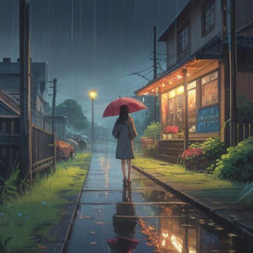 A serene landscape featuring weather rain and a vibrant rainbow, an assortment of calming items for mindfulness scattered throughout the scene, gentle raindrops creating ripples in a tranquil puddle, lush green grass and blooming flowers, soft light illuminating the space, elements representing peace and reflection, clear blue sky peeking through clouds, 4k