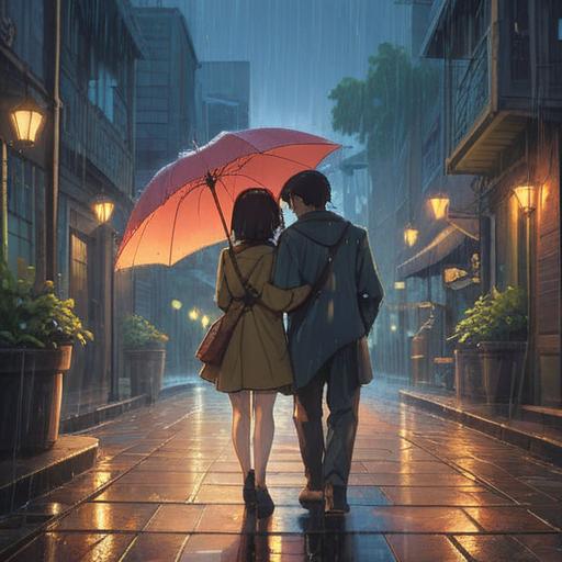 A serene and mystical landscape, light rain falling softly, a couple embracing under an umbrella, glowing aura surrounding them, hints of spiritual symbols in the background, gentle reflections on wet pavement, soft pastel colors, ethereal atmosphere, representing the connection between love and nature, 4k
