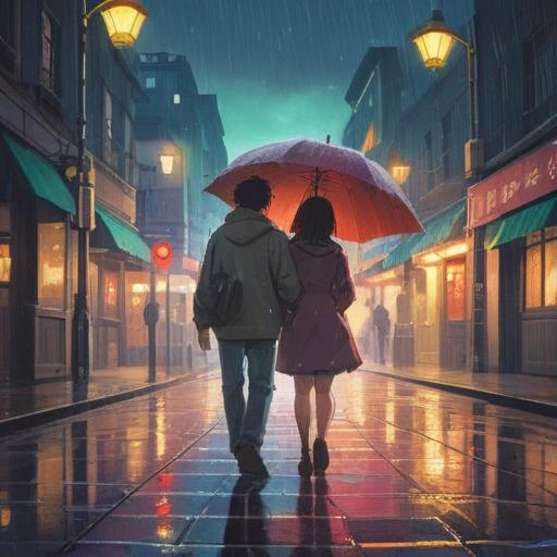 A serene scene of a couple walking hand in hand under a gentle drizzle, reflections on wet pavement, soft glows of streetlights, the sky filled with grey clouds and occasional sunlight breaking through, a feeling of intimacy and connection, subtle heart shapes formed by raindrops, a spiritual atmosphere, capturing love in a rainy setting, rich emotions, 4k