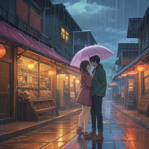 A romantic scene depicting a couple under a light rain during a sunshower, emotions of love and connection, spiritual symbols in the background, hints of clouds and sunshine, soft droplets falling around them, serene expressions, a warm glow illuminating the moment, 4k