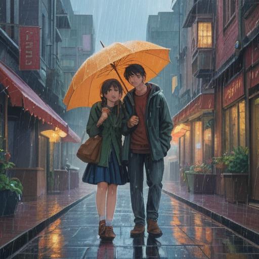 A whimsical scene of a weather shower, vibrant raindrops falling gently, a couple standing under an umbrella, smiles on their faces, surrounded by lucky charm items like four-leaf clovers and horseshoes, a soft glow illuminating the atmosphere, nature lush and green, hopeful and romantic mood, enchanting details, 4k