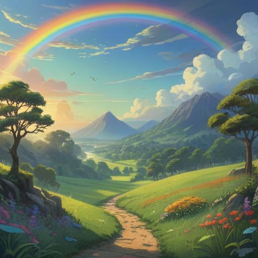 A serene landscape depicting a gentle sun shower, soft light filtering through the clouds, vibrant rainbows emerging, lush green surroundings, tranquil atmosphere, ethereal and mystical ambiance, symbolism of renewal and hope, reflection of nature's balance, 4k