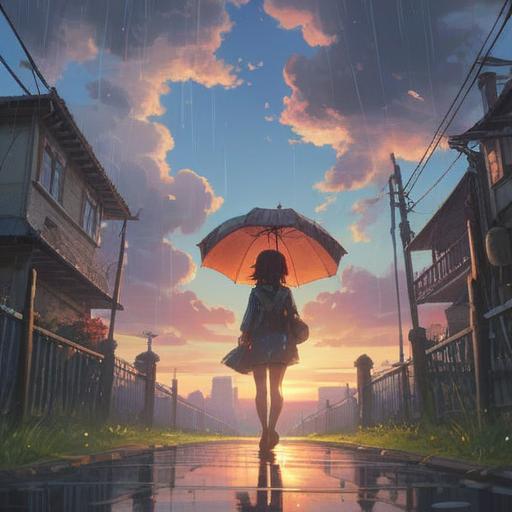 A serene and mystical scene depicting a gentle rain falling under a clear sky, soft rays of sunlight breaking through the clouds, a delicate rainbow appearing in the background, a silhouette of a person standing with an expression of hope and longing, surrounded by blooming flowers and lush greenery, ethereal elements symbolizing spiritual guidance and positive signs, vibrant yet calming colors, 4k