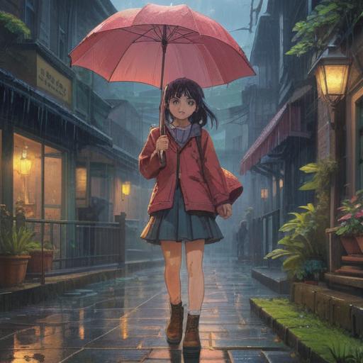 A whimsical scene under a weather rain, a girl standing with an umbrella, gazing longingly at a distant figure, mystical aura surrounding them, subtle shimmering lights in the rain, nature's beauty enhanced by the rain, dreamy atmosphere, soft focus, spiritual symbolism, 4k