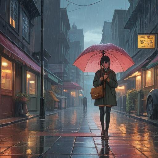 A romantic scene under a weather rain, a person holding an umbrella with a hopeful expression, delicate raindrops creating a shimmering effect, subtle reflections on the ground, lucky charm in the person's pocket, soft colors emphasizing the emotional atmosphere, a hint of a rainbow in the background, 4k