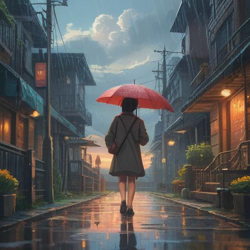 A serene scene depicting a rainy day, soft sunlight breaking through the clouds, a person standing under an umbrella, contemplating their feelings, vibrant raindrops reflecting emotions, blossoming flowers around, subtle hints of hope and longing, atmospheric ambiance, gentle reflections on wet pavement, uplifting mood, 4k