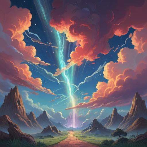 A mystical illustration of a sky splitting open, radiant beams of light shining through, symbolic of spiritual awakening, ethereal clouds swirling, a landscape below bathed in warm hues, serene and contemplative atmosphere, deeper connection to the universe, nature elements in harmony, 4k