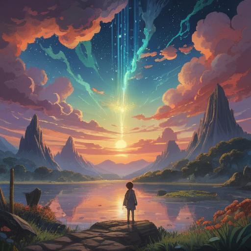 A breathtaking scene depicting a celestial tear in the sky, vibrant light streaming through, a sense of peace and tranquility, symbols of spirituality and divine presence, lush green landscape below, people gazing up in awe, harmonious atmosphere, bright colors, 4k