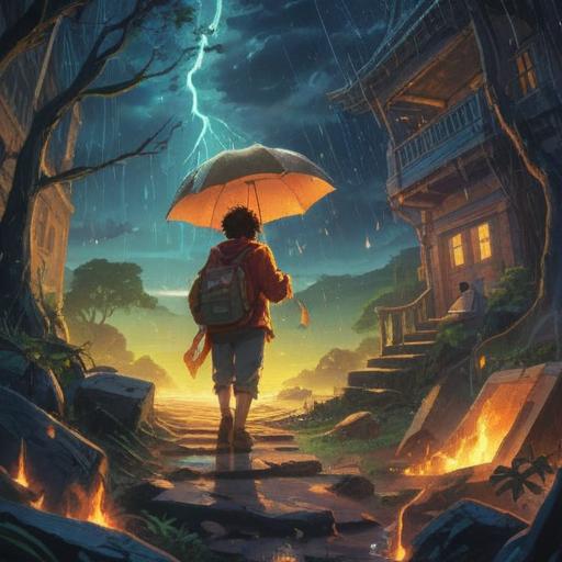 A mystical scene depicting a person finding a lucky item after a storm, vibrant colors illuminating the surroundings, rays of sunlight breaking through dark clouds, a sparkling object like a four-leaf clover or a lucky charm, surrounded by nature's rebirth, hopeful expressions, a feeling of renewal and optimism, 4k