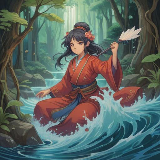 A serene illustration of Tenka Benzaiten, the goddess of rivers and music, surrounded by flowing water, lush greenery, and ethereal light, symbolizing spiritual enlightenment and creativity, intricate details showcasing traditional Japanese elements, peaceful aura, harmonious composition, 4k