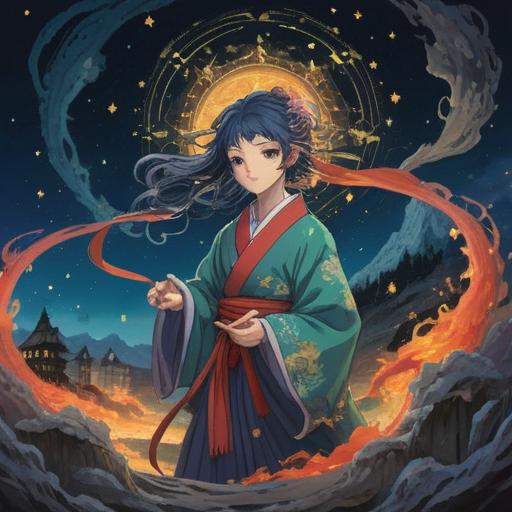 A serene illustration of Amano Yasukawa Benzaiten, surrounded by celestial elements such as twinkling stars and flowing water, representing spiritual signs, ethereal light illuminating her figure, traditional Japanese attire adorned with intricate patterns, lush green nature in the background, peaceful atmosphere, harmonious energy, 4k