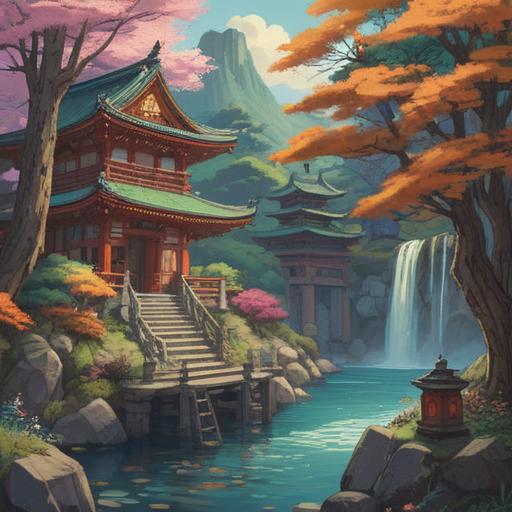 A serene scene depicting a beautiful shrine dedicated to Benzaiten by the Amanogawa River, adorned with colorful lucky charms and offerings, lush greenery surrounding the shrine, peaceful ambiance, traditional Japanese architecture, soft sunlight filtering through the trees, reflecting in the water, 4k