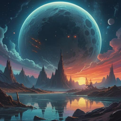 A surreal cosmic scene, Uranus eclipse aftermath, vibrant colors illuminating the sky, celestial bodies in alignment, feeling of luck and excitement, dreamlike atmosphere, whimsical elements surrounding the main scene, captivating starry background, enchanting light effects, 4k