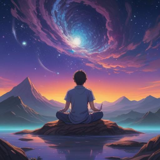 A serene and peaceful scene illustrating a person meditating under the stars after a Uranus transit, soothing blue and purple tones, surrounded by lush greenery, calming atmosphere, gentle breeze, tranquil expression, celestial elements, refreshing energy, soft light filtering through the leaves, harmonious connection with nature, 4k