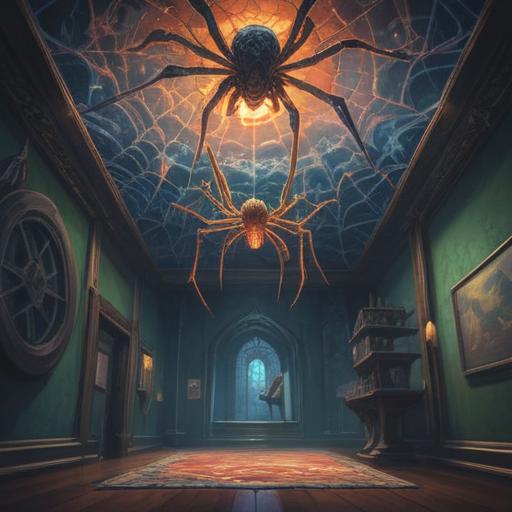 A serene illustration of a spiritual moment, a spider descending gracefully from the ceiling, ethereal light illuminating the scene, symbolic representation of transformation and guidance, tranquil ambiance, soft pastel colors, gentle shadows, detailed textures, peaceful surroundings, 4k