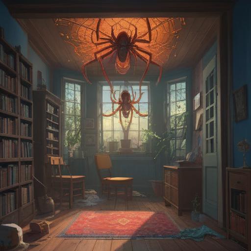 A spiritual scene depicting a spider descending from the ceiling, symbolizing positive omens and guidance, soft ethereal light illuminating the arachnid, intricate web patterns reflecting wisdom, calm and serene atmosphere, nature elements in the background, hint of mysticism, 4k