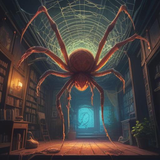 A surreal spiritual scene, a spider descending gracefully from the ceiling, ethereal light illuminating its intricate web, symbolic of intuition and guidance, soft focus on the surrounding environment, mysterious ambiance, viewer captivated by the moment, hints of ancient wisdom, 4k