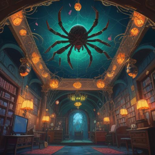 A whimsical illustration of a lucky charm appearing underneath a ceiling, a spider gracefully descending from above, vibrant colors, playful details, rich textures, enchanting atmosphere, elements of surprise and good fortune, soft lighting, 4k