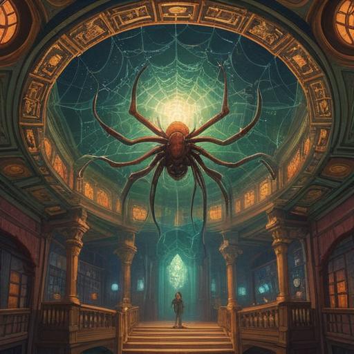 A spiritual-themed illustration of a ceiling spider emerging, ethereal atmosphere, symbolic representation of transformation and connection, soft light illuminating the spider, intricate web patterns, serene room environment, mystical elements surrounding, 4k