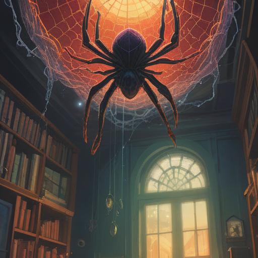 A spiritual illustration of a spider descending from the ceiling, symbolizing good omens, ethereal light surrounding the spider, gentle and calming atmosphere, intricate web patterns, mystical ambiance, nature intertwined, serene colors, harmony with the environment, 4k