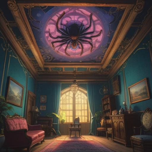 A mysterious room with intricate ceiling patterns, a large spider descending from above, soft light illuminating the scene, symbols of spiritual significance subtly integrated into the environment, a feeling of tension and alertness, detailed textures, ethereal atmosphere, hints of folklore, 4k