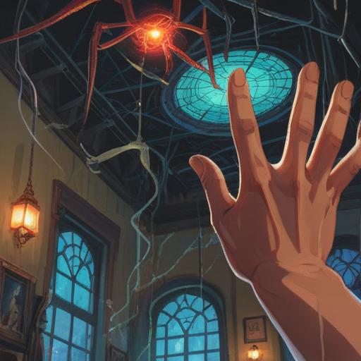 A close-up of a person's hand reaching out to catch a beautiful spider dangling from the ceiling, intricate details of the spider's web glistening in the light, soft natural colors, magical glow surrounding the scene, the hand adorned with a unique, sparkling lucky accessory, a surreal yet captivating atmosphere, 4k