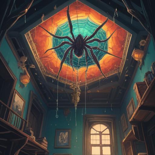 A surreal and introspective illustration, a ceiling viewed from below with a spider hanging down, a character in the foreground with a contemplative expression, soft shadows highlighting emotional turmoil, warm and cool color contrasts, an atmosphere of reflection and realization, intricate details in the surroundings representing inner thoughts, 4k