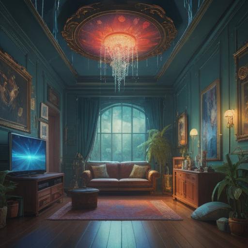 A serene indoor scene, ceiling with water dripping, soft glows of light illuminating the room, a sense of calm and spirituality, symbols of good fortune, lush plants around, an aura of positivity, ethereal ambiance, peaceful atmosphere, harmonious energy, 4k