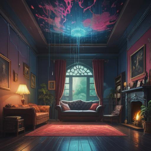 A mystical and atmospheric illustration, a dimly lit room with water dripping from the ceiling, a sense of unease, symbolic imagery of caution, ethereal light beams illuminating the water, spiritual elements surrounding the scene, detailed textures of water and ceiling, reflective surfaces, a hint of nature creeping in, 4k