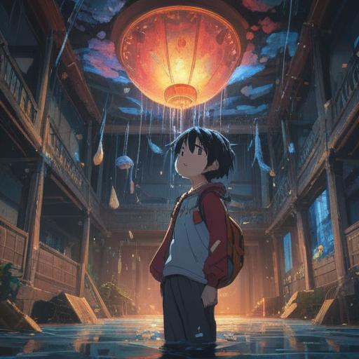 A person discovering a leak from the ceiling, surprised expression, water droplets falling, immediate sense of urgency, lucky charm in their hand, bright sunlight streaming through the window, room filled with colorful decor, positive vibes, potential for a fortunate outcome, vivid details, 4k