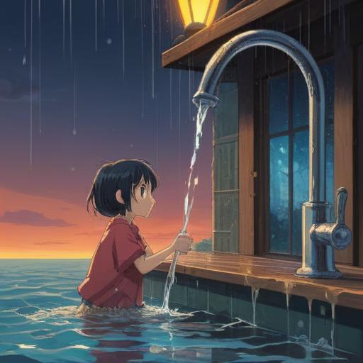 A serene scene depicting water leaking from a faucet, soft droplets gracefully falling, symbolizing missed opportunities, a thoughtful person observing the water, surrounded by a cozy home environment, warm colors reflecting introspection, subtle hints of nature outside the window, conveying the importance of paying attention to life's signs, 4k