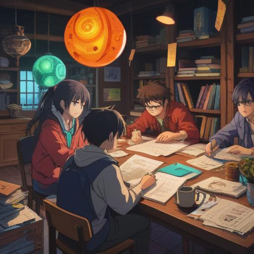 A vibrant and organized visual representation of various ideas being compiled together, people collaborating around a large table, stacks of papers and digital devices, brainstorming session, diverse individuals sharing thoughts, colorful notes and charts scattered around, creative energy in the air, clear communication, flowing ideas, teamwork atmosphere, modern workspace, high resolution