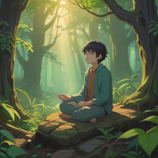 A serene and introspective scene, a person meditating in a tranquil forest, soft sunlight filtering through the trees, ethereal light surrounding them, symbols of spiritual connection like chakra orbs, vivid colors representing emotions, a calm expression on the person's face, nature's tranquility enhancing the spiritual theme, 4k