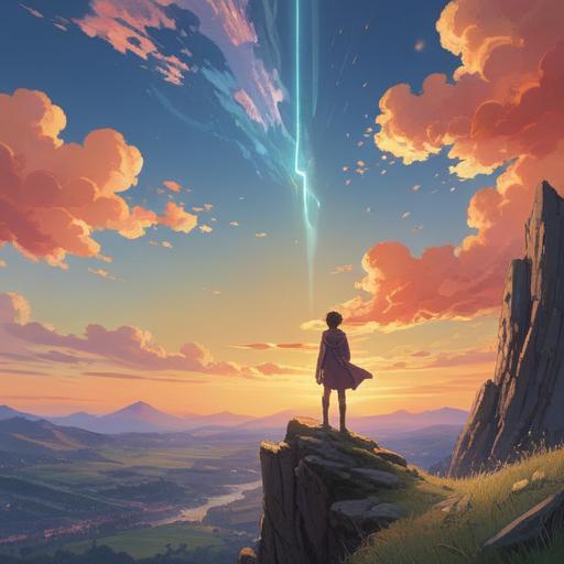 A serene and uplifting illustration, a person standing on a hilltop overlooking a vast landscape, peaceful sunset illuminating the sky, soft rays of light symbolizing hope, gentle expression on the person's face, surrounded by nature's beauty, metaphorical representation of letting go, achieving inner peace, spiritual journey, bright and inviting atmosphere, 4k