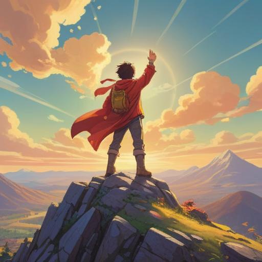 A serene and uplifting illustration, depicting a person standing on a mountain peak, arms raised towards the sky, soft golden light breaking through the clouds, symbolizing hope and surrender, gentle breeze causing flowing hair and clothing, peaceful expression on the person's face, surrounded by a vibrant landscape of nature, lush greenery and blooming flowers, ethereal atmosphere, inspiring sense of freedom and enlightenment, 4k