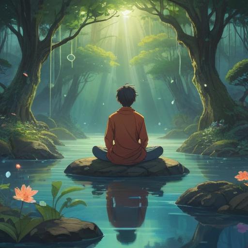 A serene and introspective scene depicting a person in meditation, surrounded by ethereal light symbols, nature elements like trees and flowing water, subtle indications of spiritual signs such as feathers and glowing orbs, a calming and peaceful atmosphere, a sense of letting go and acceptance, vibrant yet harmonious colors, 4k