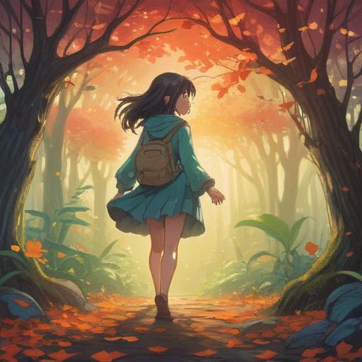 A serene scene depicting a person letting go of their worries, surrounded by nature, a gentle breeze rustling the leaves, a clear blue sky, symbols of luck like four-leaf clovers and shooting stars, the character smiling peacefully, a sense of calm and acceptance, encouraging atmosphere, 4k