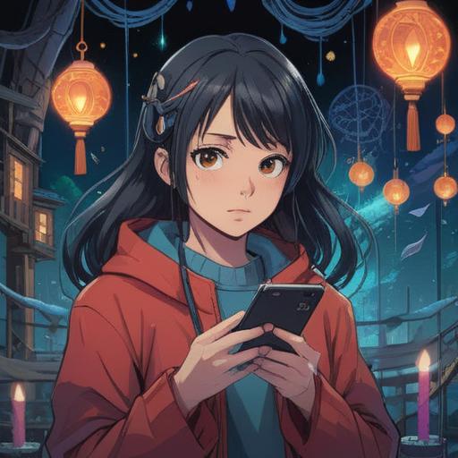 A mystical scene depicting a person receiving a message on their phone, surrounded by ethereal lights and symbols, representing spiritual signs, a serene garden setting, soft pastel colors, an aura of calmness and reflection, detailed foliage, and glowing orbs in the background, emphasizing the moment of realization, 4k